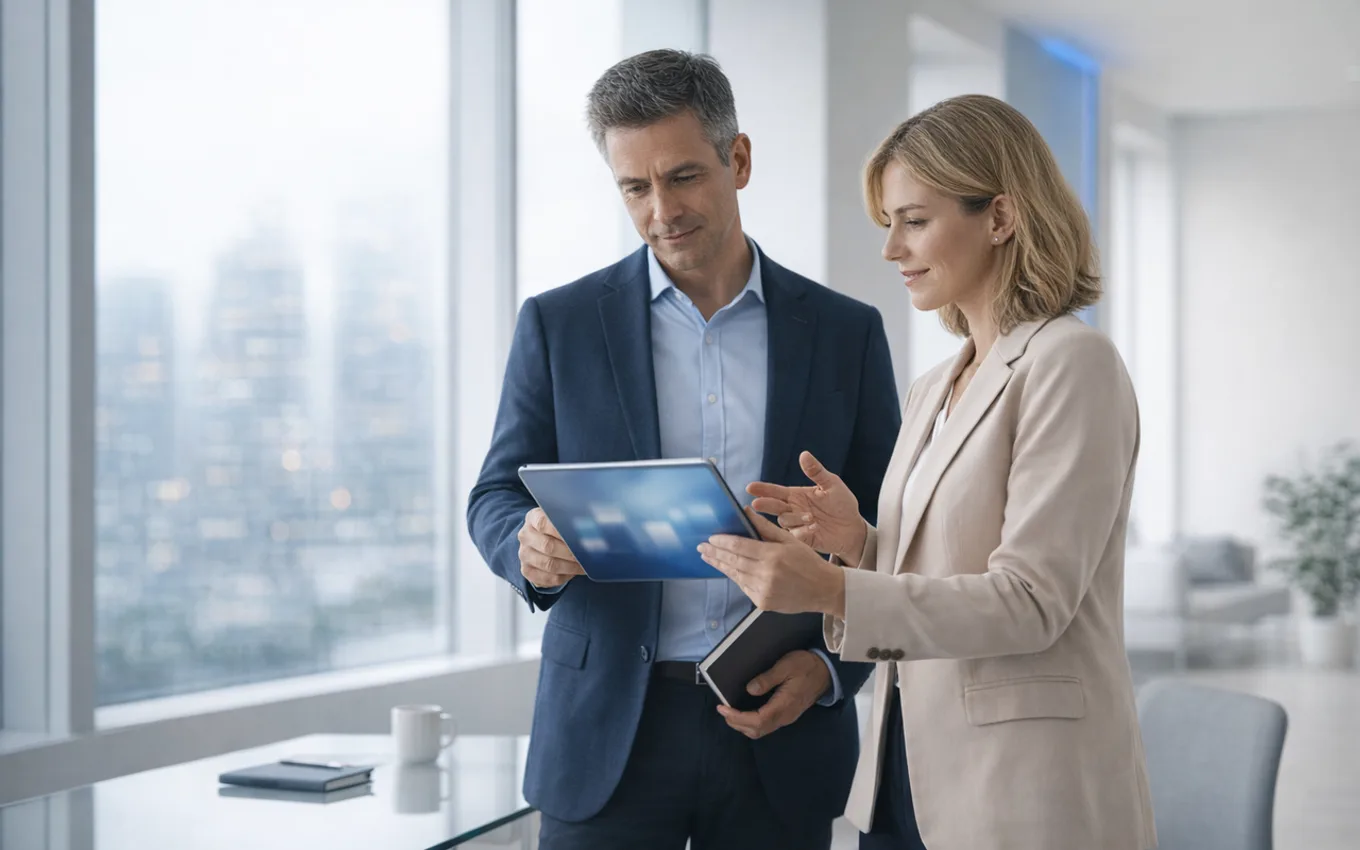 Equipa financeira num escritório moderno a trabalhar com Bit2Me Business